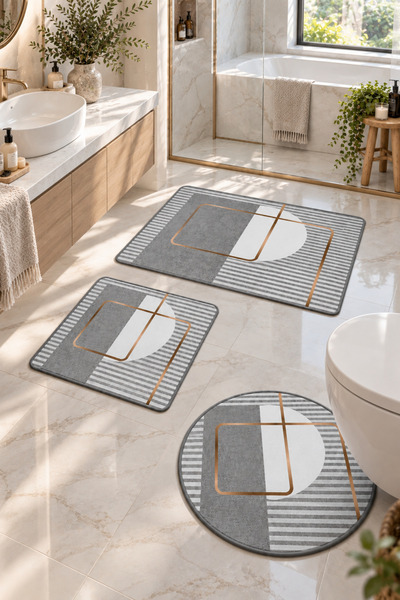 Kaymaz Tabanlı Yıkanabilir 3’lü Düz Gri Banyo Paspası ve Klozet Takımı – Modern Banyo Halısı