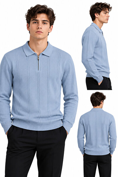 ribana Men's Ribbed Polo Collar Zippered Knitted Sweater 27151