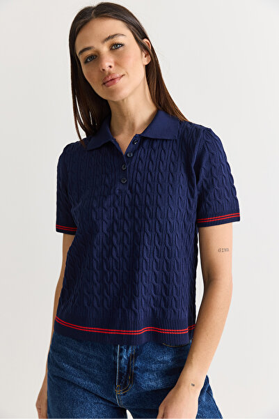 Bianco Lucci Women's Polo Collar Hair Knit Patterned Short Sleeve Knitwear Bl...