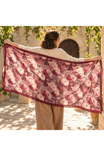 BIJUTERI Flr-5025 Red Abstract Floral Pattern Bamboo Long Shawl
