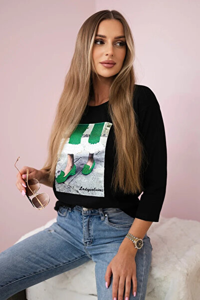 Kesi Bluză neagră de damă cu grafică 3D și strasuri