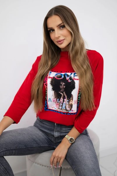 Kesi Tricou roșu de damă cu imprimeu grafic colorat, casual și potrivit pentr...
