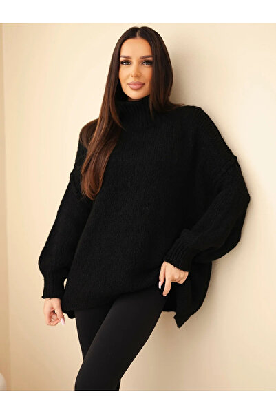 Kesi Pulover negru oversize de damă cu guler înalt și mâneci largi
