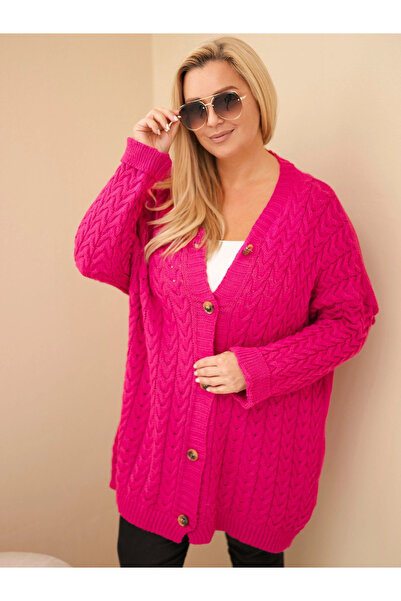 Kesi Cardigan de damă mărimi mari fucsia cu nasturi și model împletit