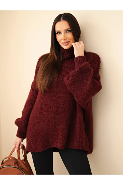 Kesi Pulover de damă oversize bordo cu guler înalt și mâneci largi