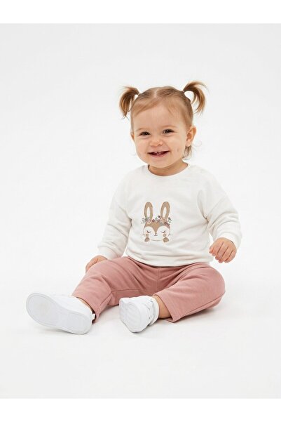 Kids Kingdom Pamuklu Tavşan Detaylı 2li Kız Bebek Takım krem gülkurusu