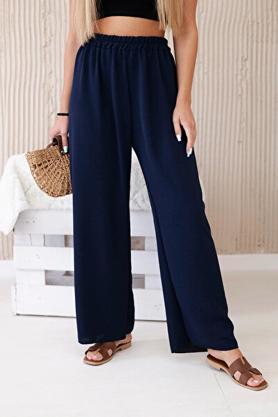 Kesi Pantaloni de damă bleumarin cu viscoză, cu picior larg, cu talie elastică