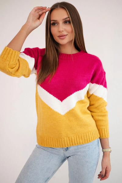 Kesi Pulover din amestec de lână, culoare muștar și fuchsia, cu modele geomet...