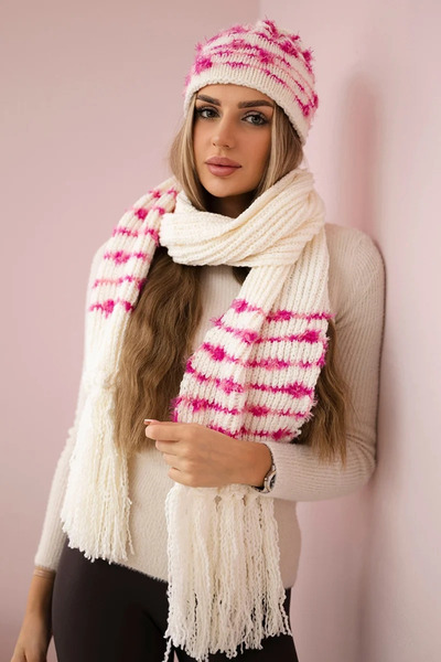 Kesi Set de damă ecru-fucsia cu eșarfă, călduros și versatil