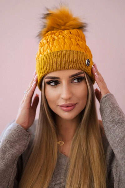 Kesi Căciulă de iarnă caldă, culoarea muștarului, pentru femei, cu pompon