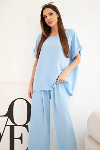 Kesi Set albastru mărimi mari cu bluză lejeră și pantaloni largi