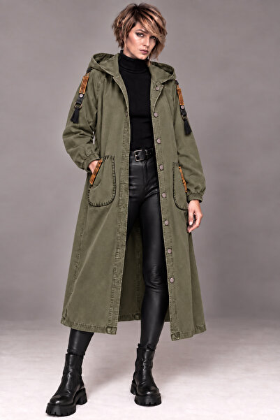 Boutique Juji BOHEM TASARIM KAPÜŞONLU DENİM HAKİ TRENÇKOT