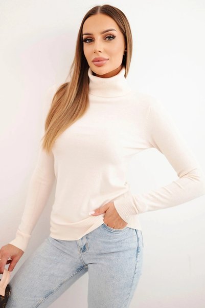 Kesi Pulover bej din amestec de viscoză cu guler înalt clasic și mâneci lungi