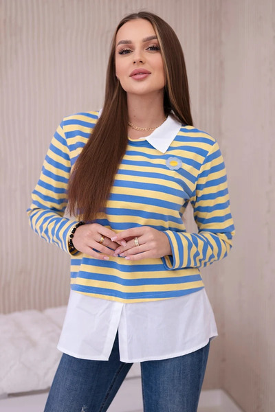 Kesi Cămașă de bumbac în dungi cu guler, în albastru denim și galben