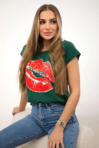Kesi Bluză verde cu imprimeu cu buze