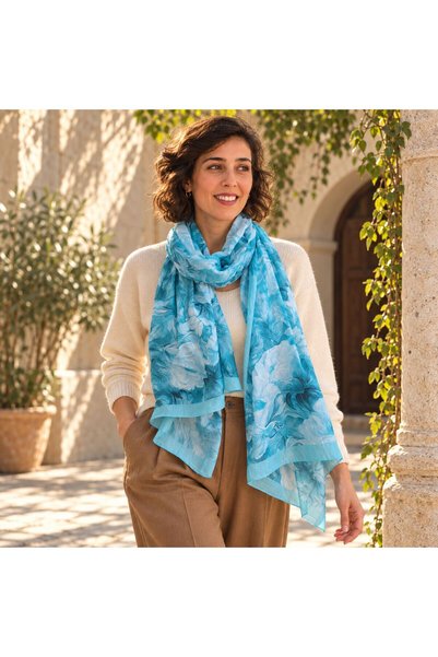 BIJUTERI Flr-5025 Turquoise Abstract Floral Pattern Bamboo Long Shawl