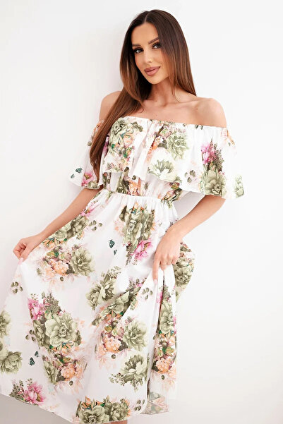Kesi Rochie midi kaki florală din viscoză, cu umerii goi, cu volane și talie ...
