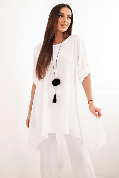 Kesi Set elegant ecru din două piese, cu bluză evazată și pantaloni, cu panda...