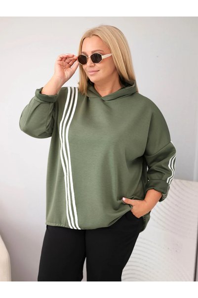 Kesi Hanorac cu glugă din viscoză, mărimi mari, cu dungi decorative, verde kaki