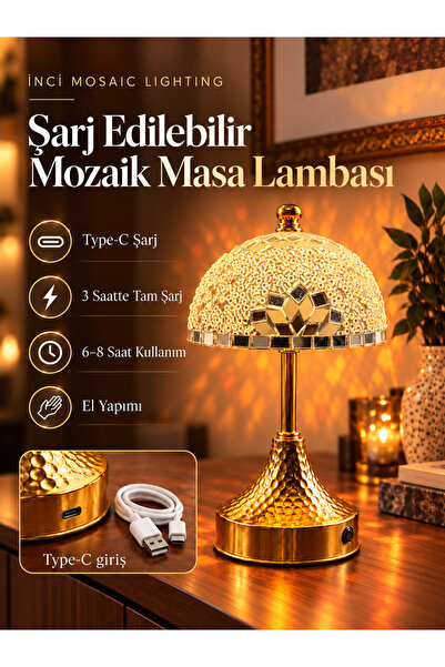 Şarjlı Kablosuz Mozaik Masa Lambası Mantar Model El Yapımı