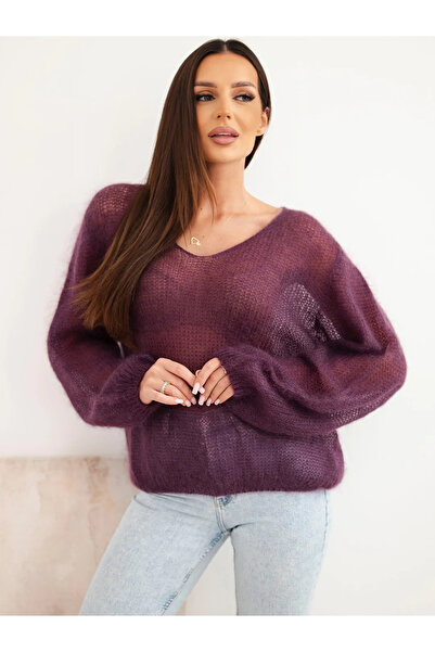 Kesi Pulover larg cu decolteu în V din kid mohair, mov intens, pentru femei