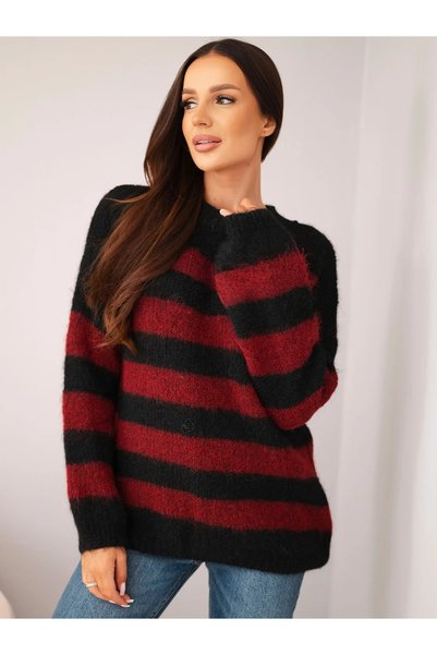 Kesi Pulover de damă negru cu dungi, din amestec de lână și mohair, cu guler ...