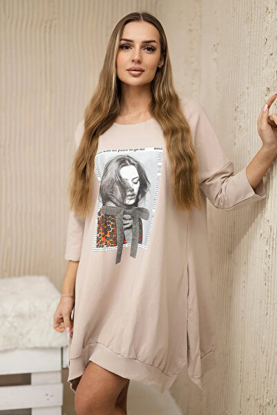 Kesi Rochie bej imprimată cu tiv evazat și mâneci scurte
