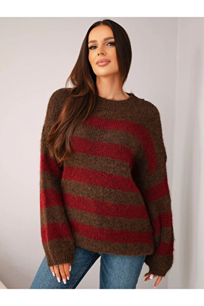 Kesi Pulover de damă maro cu dungi, din amestec de lână și mohair, cu guler r...