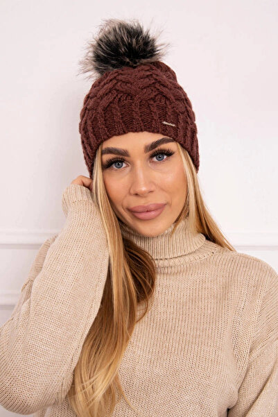 Kesi Căciulă de damă cu pompon și fleece de iarnă maro-verde