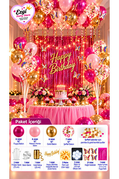 Ezgi Party Store Peri LED'li Kelebekli Süsleme Parti Seti Fuşya Pembe Gold Do...