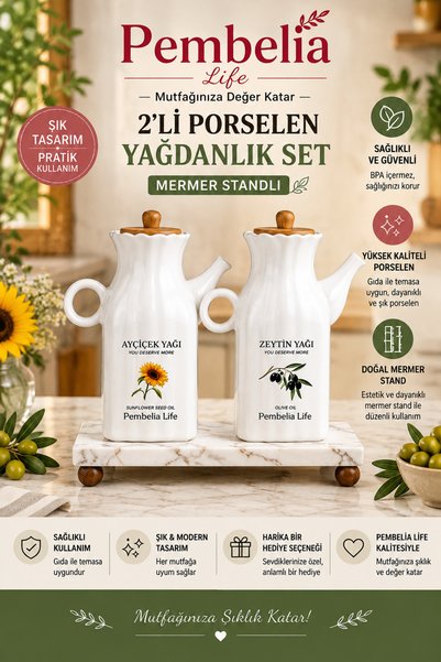 Pembelia Life Mermer Standlı Porselen 2’li 1000 ml Yağdanlık Set 3’lü Kare Ya...