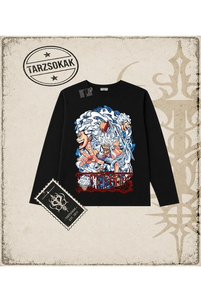 Tarzsokak قميص بطبعة شخصيات أنمي ون بيس، ياقة دائرية وأكمام طويلة باللون الأبيض
