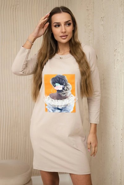 Kesi Rochie cu grafică 3D, dantelă bej