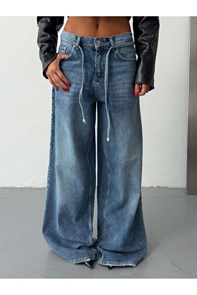 HerTon Women's High Waist Rope Lace-Up Extra Loose Wide Leg Jeans