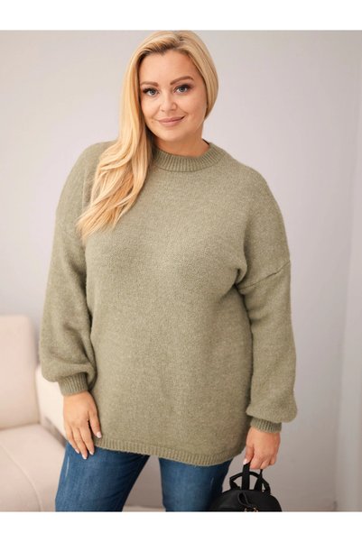 Kesi Pulover din amestec de lână, croială lejeră, mărimi mari, kaki, cu mânec...