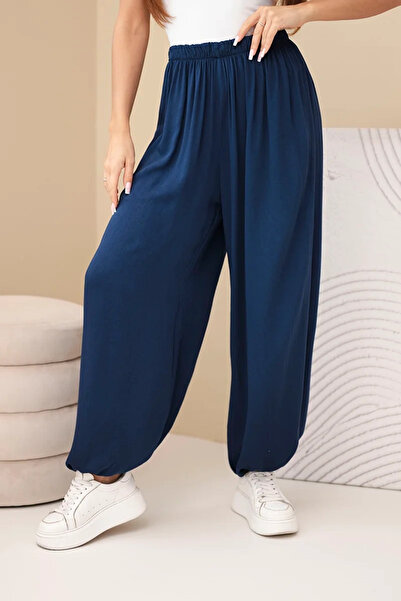 Kesi Pantaloni de damă bleumarin din viscoză, cu croială largă și picior lejer