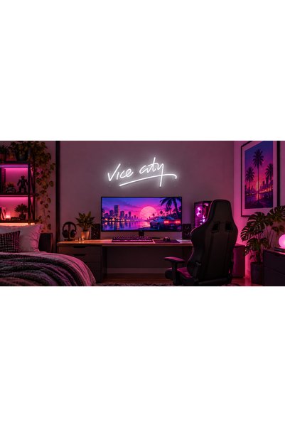 Prime Neon Vice City Beyaz Neon LED Tabela 50 cm | Bilgisayar ve Oyun Odası D...