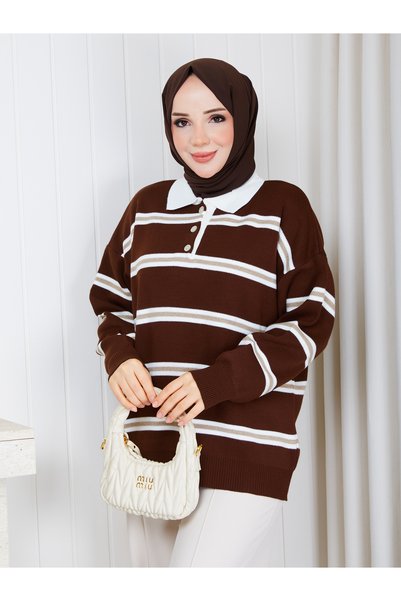 MİHRİZAR Women's Striped Polo Collar Knitwear Sweater Oversize Half Placket Buttoned Sweater