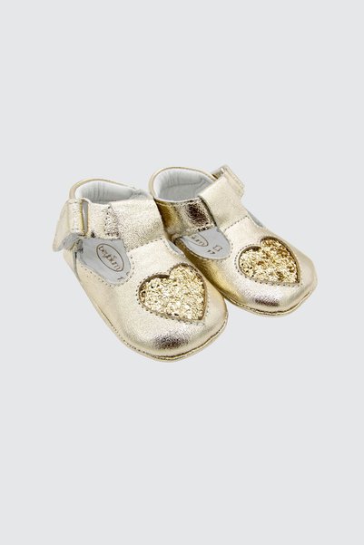 Beybium Alina Genuine Leather Heart First Step Baby Shoes Gold