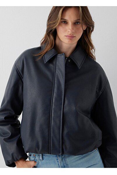 Mavi Faux Leather Regular Straight, Dark Blue Women's Jacket.