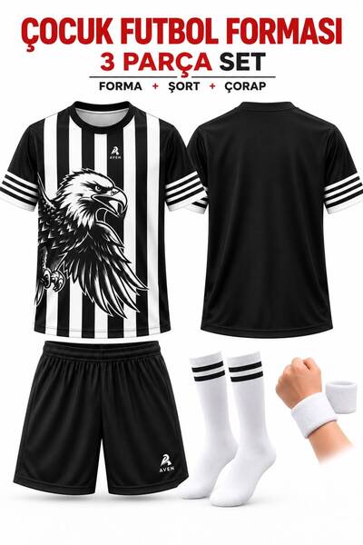 sonvadi Siyah Şort Kartal Desen Çocuk Futbol Forması Seti (Çorap+Bileklik) He...