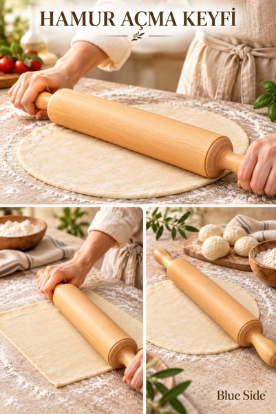 BLUE SİDE 1 Adet 44 cm Ahşap Merdane – Hamur Açma Oklavası, Pizza ve Börek Hamuru Açıcı