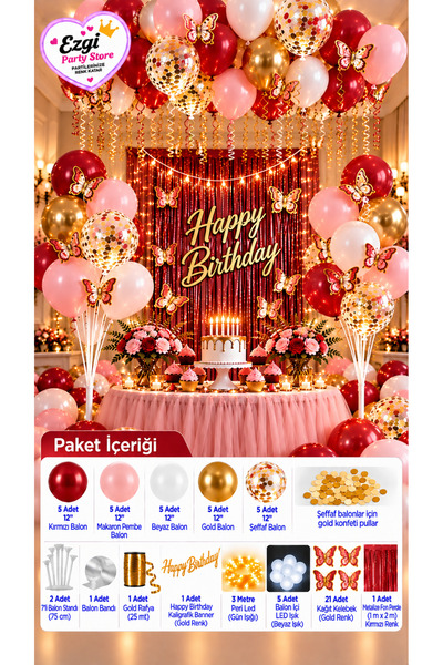 Ezgi Party Store Peri LED'li Kelebekli Süsleme Parti Seti Kırmızı Makaron Pem...