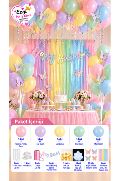 Ezgi Party Store Peri LED'li Kelebekli Süsleme Parti Seti Makaron Renkli Doğu...