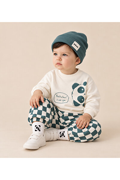 Asila Baby Panda Printed Sweatshirt, Checkered Pants, Printed Socks and Beani...