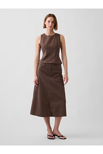 GAP Kadın Kahverengi Twill Midi Etek