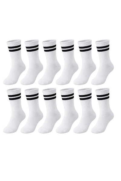 Şerife Hanım Unisex White Socks with Black Stripes Set of 12 Long Socks Daily...