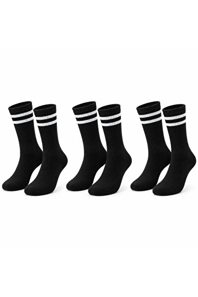 Şerife Hanım Black Socks with White Stripes 3-Piece Set Unisex Long Socks Dai...