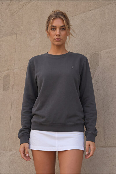 Kadın Füme Bisiklet Yaka Basic Pamuklu Sweatshirt