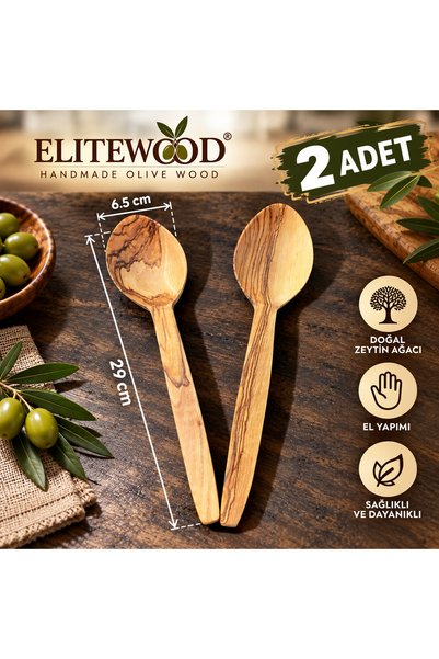 ELİTEVOOOD 2'li Ahşap Yemek Kaşığı 29 cm Doğal Zeytin Ağacı El Yapımı Tahta K...